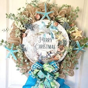 Coastal Christmas Wreath Starfish Deco Mesh Beach